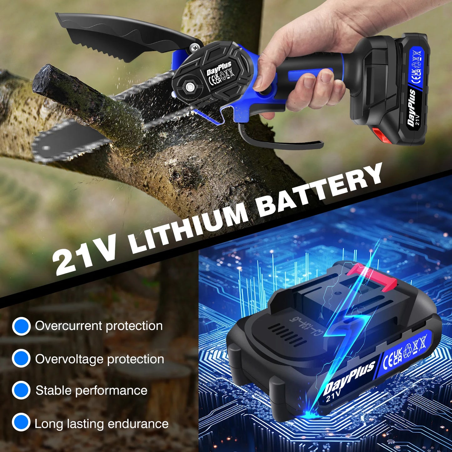 21V 6 Inch Mini Cordless Chainsaw Electric One-Hand Saw Wood Cutter for Wood Cutting Tree Trimming (1 Battery and Charger)