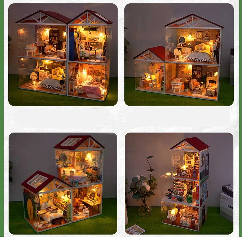 DIY Doll House Wooden Miniature Kit with Furniture Set Handmade Model Assembly Toy Case for Birthday Gifts