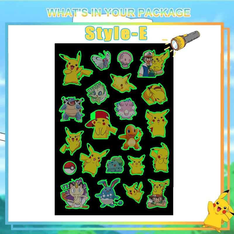Pokemon Luminous Tattoos for Kids Pikachu Styles Temporary Tattoos Stickers Boys Girls Glow Party Supplies Gifts for Children