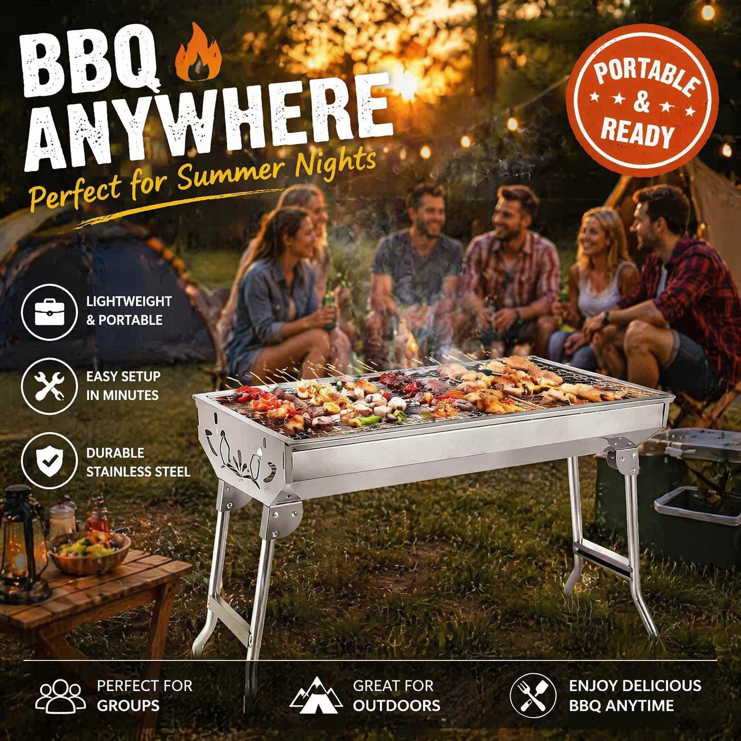 Portable Folding BBQ Grill, Instant Setup Charcoal Barbecue for Camping Festivals Beach, Lightweight Stainless Steel with Carry Bag, Foldable Legs Garden Picnic