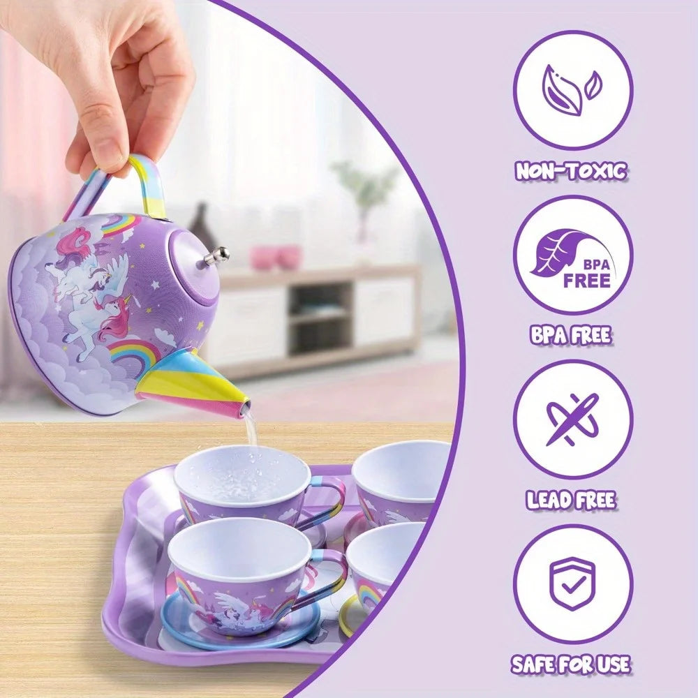 JOYFY Unicorn Tea Party Set Pretend Purple Tin Teapot Set Princess Tea Time Play Kitchen Toy for Girls Birthday Chirstmas Gift