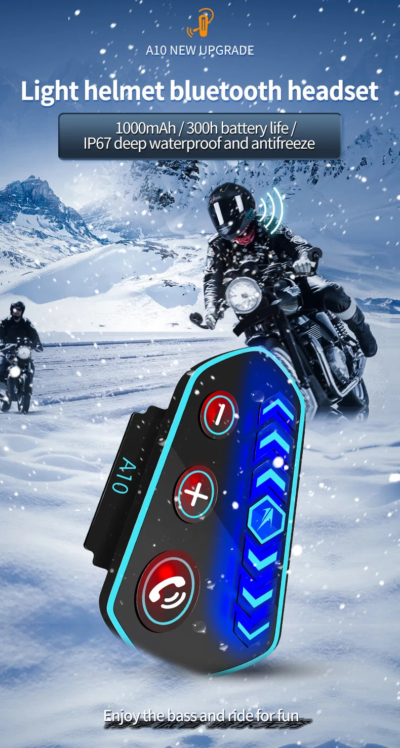 A10 Motorcycle Helmet Bluetooth Headset Wireless V5.0 Waterproof Handsfree Call Music Earphone 1000mAh Riders Moto GPS Headphone