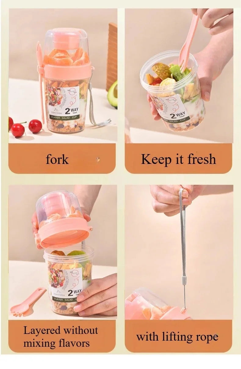 Portable Salad Cup Breakfast Cup Food Stratification Yogurt Cereal Oatmeal Snacks Parfait Containers Fruit Box Cup With Lid Fork
