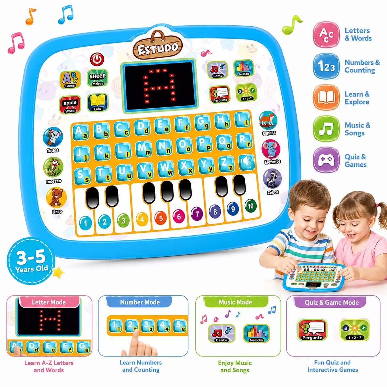 English/Spanish/Russian/Portuguese Interactive Learning Tablet for Kids 3-5, Educational Toys Learn Alphabet, Number, Music & Wo