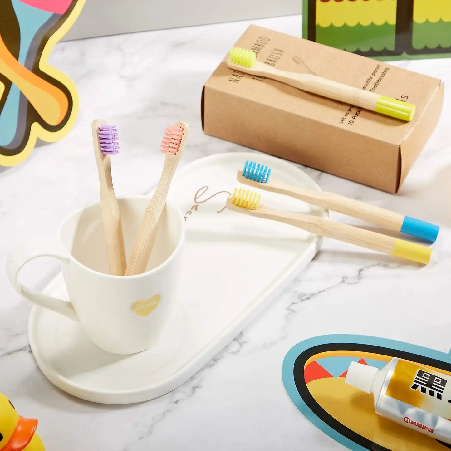 Bamboo Toothbrush,10Pcs Biodegradable Toothbrush with Medium Hard Bristles,Rounded and Comfortable Handle Toothbrush