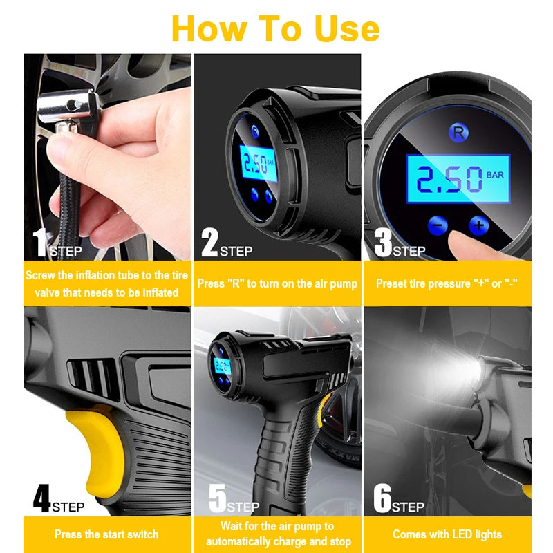 120W Car Air Pump Wireless/Wired Electric Car Tire Inflatable Pump Portable Air Compressor for Tires Digital Auto Tire Inflator