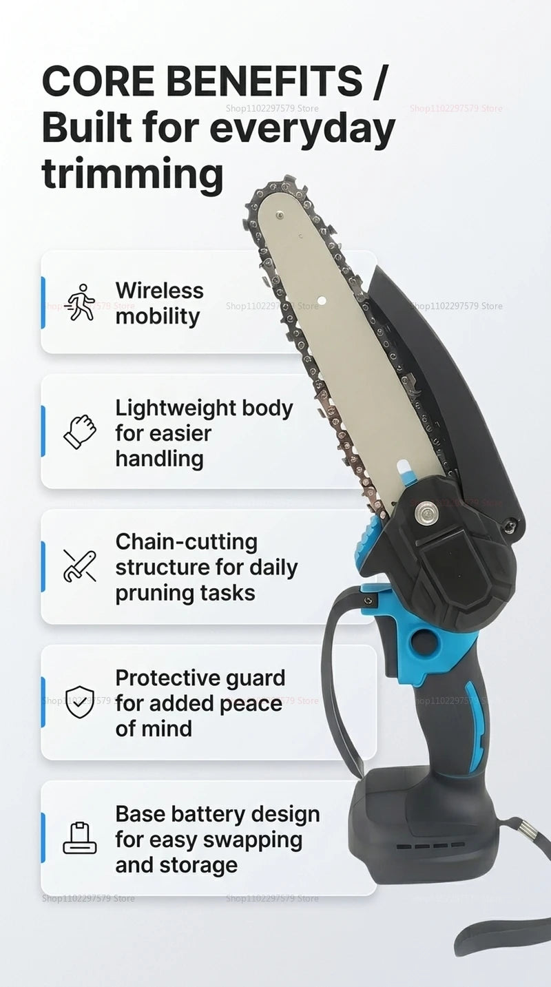 6Inch Cordless Electric Chainsaw Rechargeable No Battery Lightweight Power Tool for Woodcutting Gardening Makita 18V Compatible