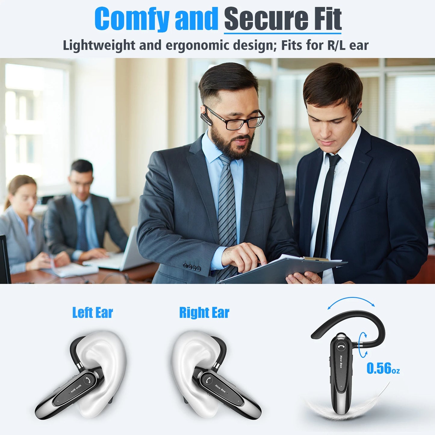 New Bee B45 Bluetooth Headset Wireless Earpiece for Driving Earphone with Dual Mic Earbuds CVC8.0 Noise Reduction Headphones
