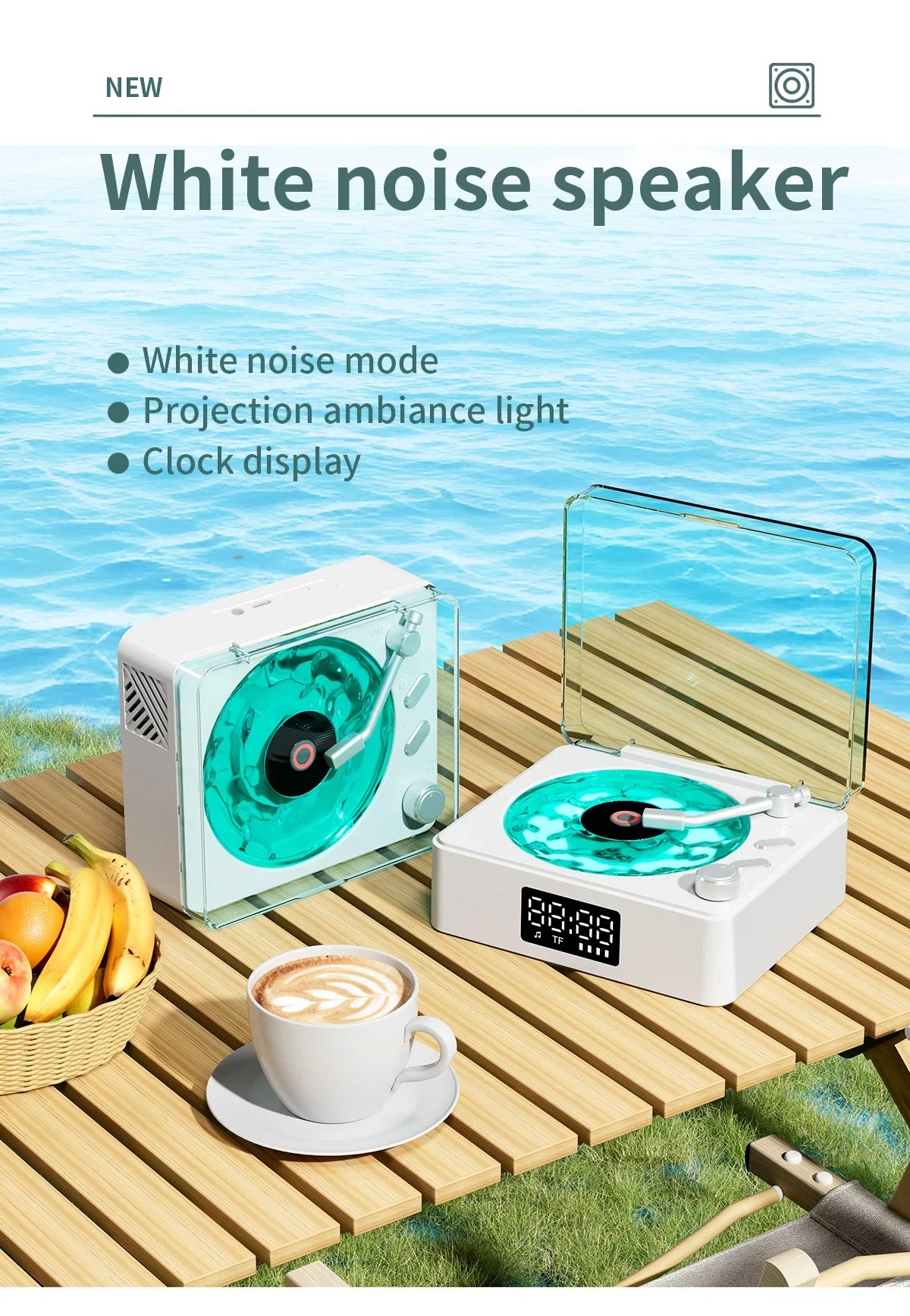 Waves Vinyl Player Bluetooth Speaker with White Noise Retro Turntable Speaker Sleep Aid Vitrola Shaped Speaker with RGB Light