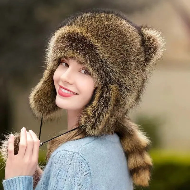 trend Raccoon imitateFur Cap Tail Women imitateNatural Raccoon Fur Caps Ushanka Hats for Winter Thick Warm Ears Fashion