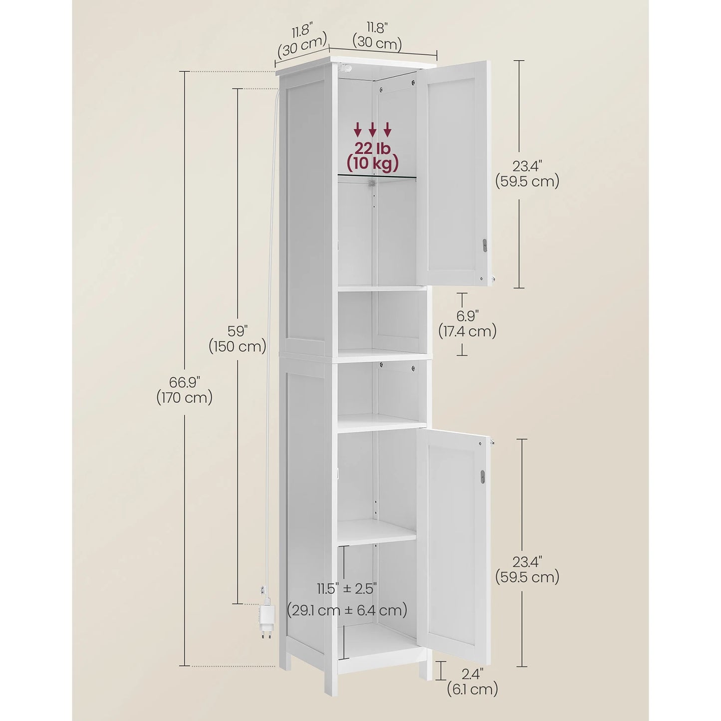 VASAGLE Tall Bathroom Cabinet with Lights, Freestanding Narrow Storage Unit with Adjustable Shelves, Open Compartments