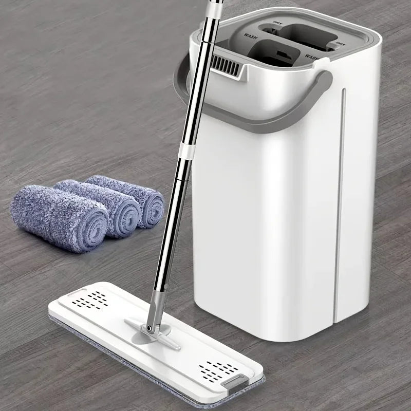 Hands-Free Squeeze Flat Mop and Bucket Set 33cm Large Self-Wringing Floor Cleaning Tool Dry Wet 360 Spin with 4 Pads Home
