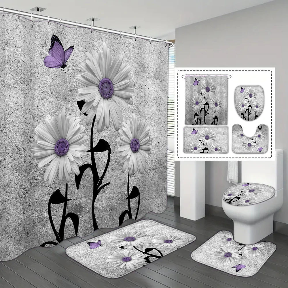 4-piece set of blue white jade orchid waterproof printed shower curtains with 12 hooks, bathroom floor mats