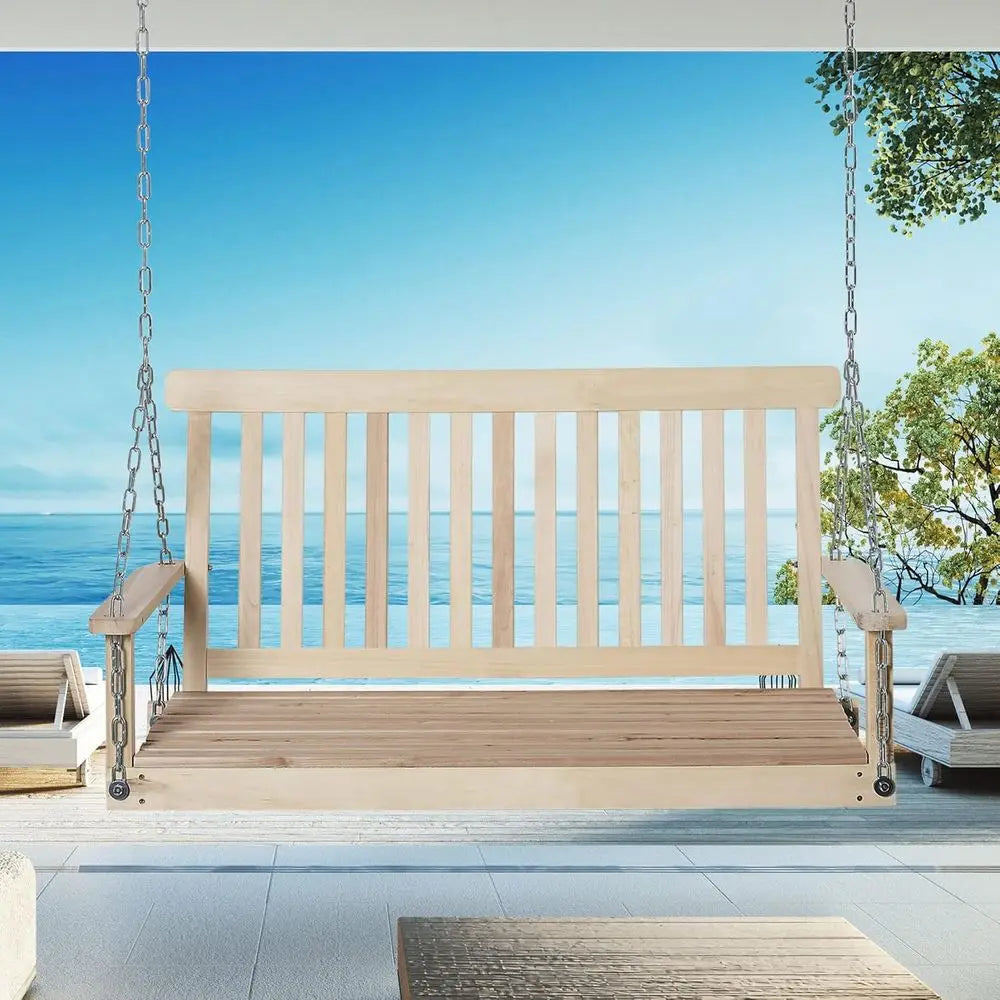 2-Seater Wooden Swing Bench, Porch Hanging Hammock Chair, Natural Garden Furniture