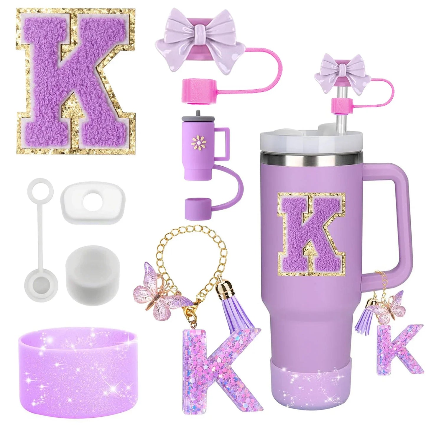 8PCS Accessories Set for Stanley Cup Purple 30oz 40oz tumbler Silicone Straw Topper Cover Cap Boot Handle Charm Initials Sticker