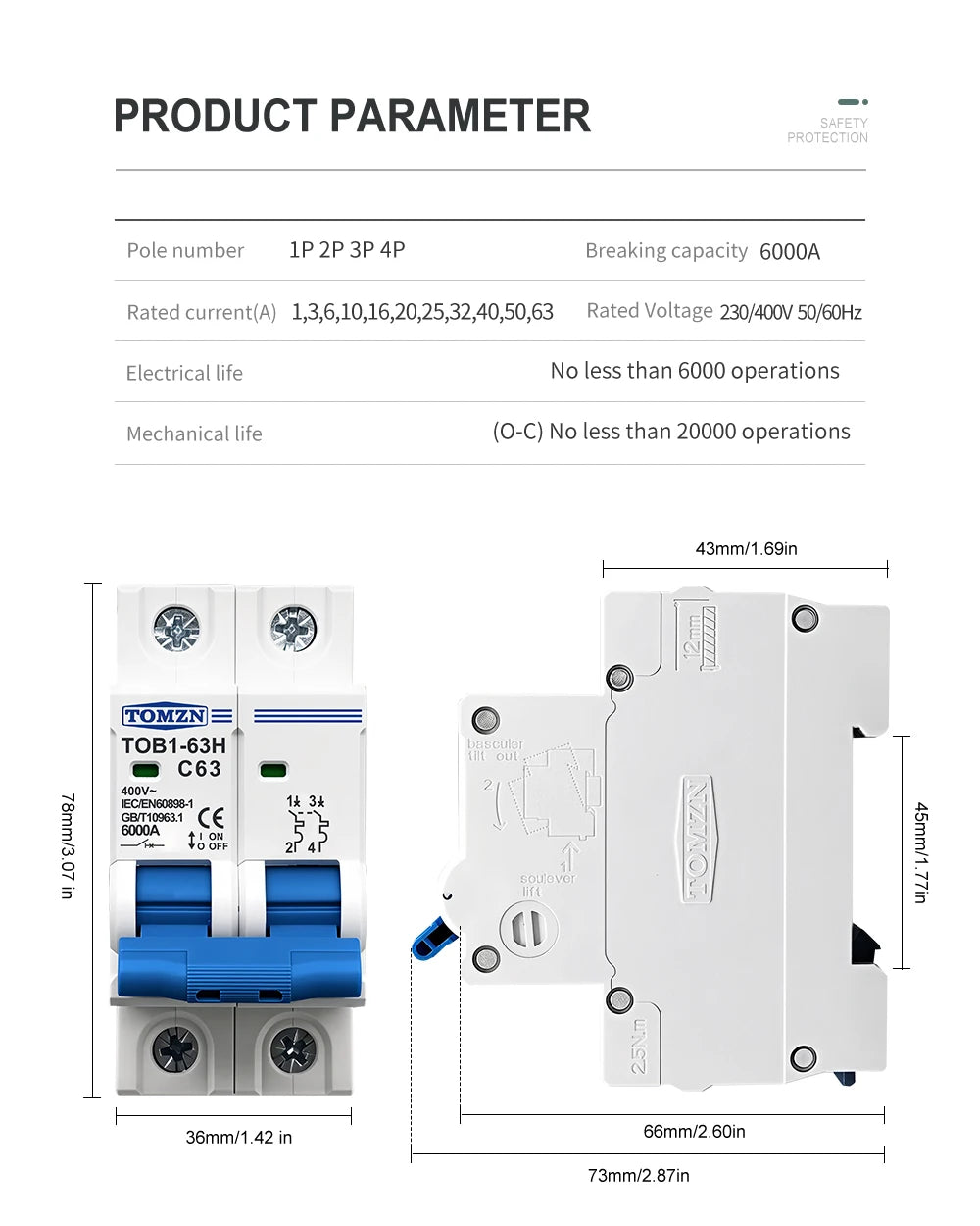 TOMZN 2P AC MCB TOB1-63 C Type 230/400V~ 50Hz/60Hz Mini Circuit Breaker 6A 10A 16A 20A 25A 32A 40A 50A 63A