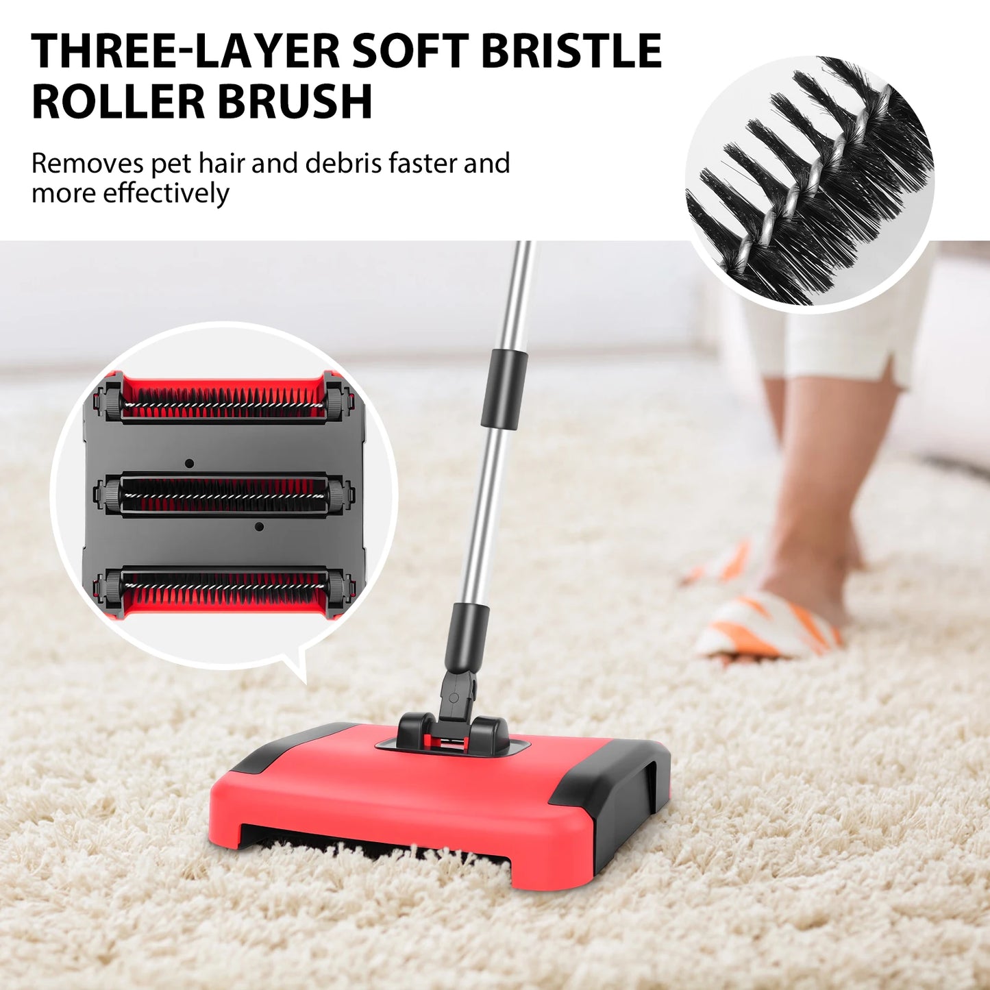 Carpet Floor Sweeper, Manual 3 Rolling Brushes Floor Carpet Brush, Non Electric Quite Rug Roller Brush Push for Cleaning Pet Hai