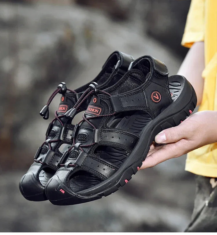 Summer Sandals Leather Outdoor Men Beach Shoes Luxury Breathable Casual Sandal Man Wading Shoes Non-slip Wide lining Slippers