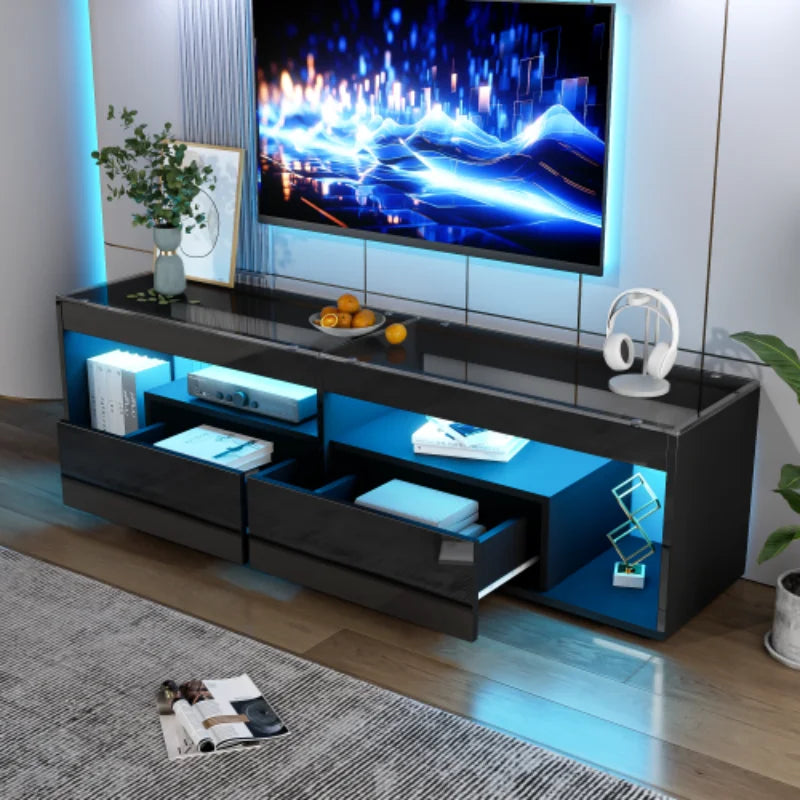 High Gloss TV Stand with 2 Drawers,glass tabletop,TV Cabinet Storage Sideboard with LED lights,open storage,Holds TVs up to 80"