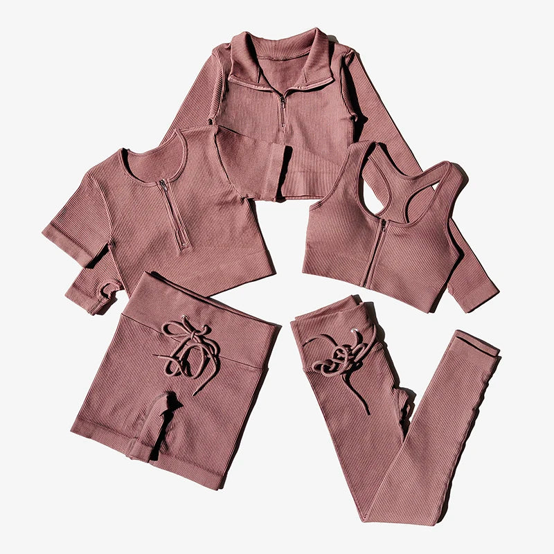 Seamless Women Yoga Set Workout Sportswear Gym Clothing Zipper Long Sleeve High Waist Leggings Fitness Bra Athletic Sports Suits