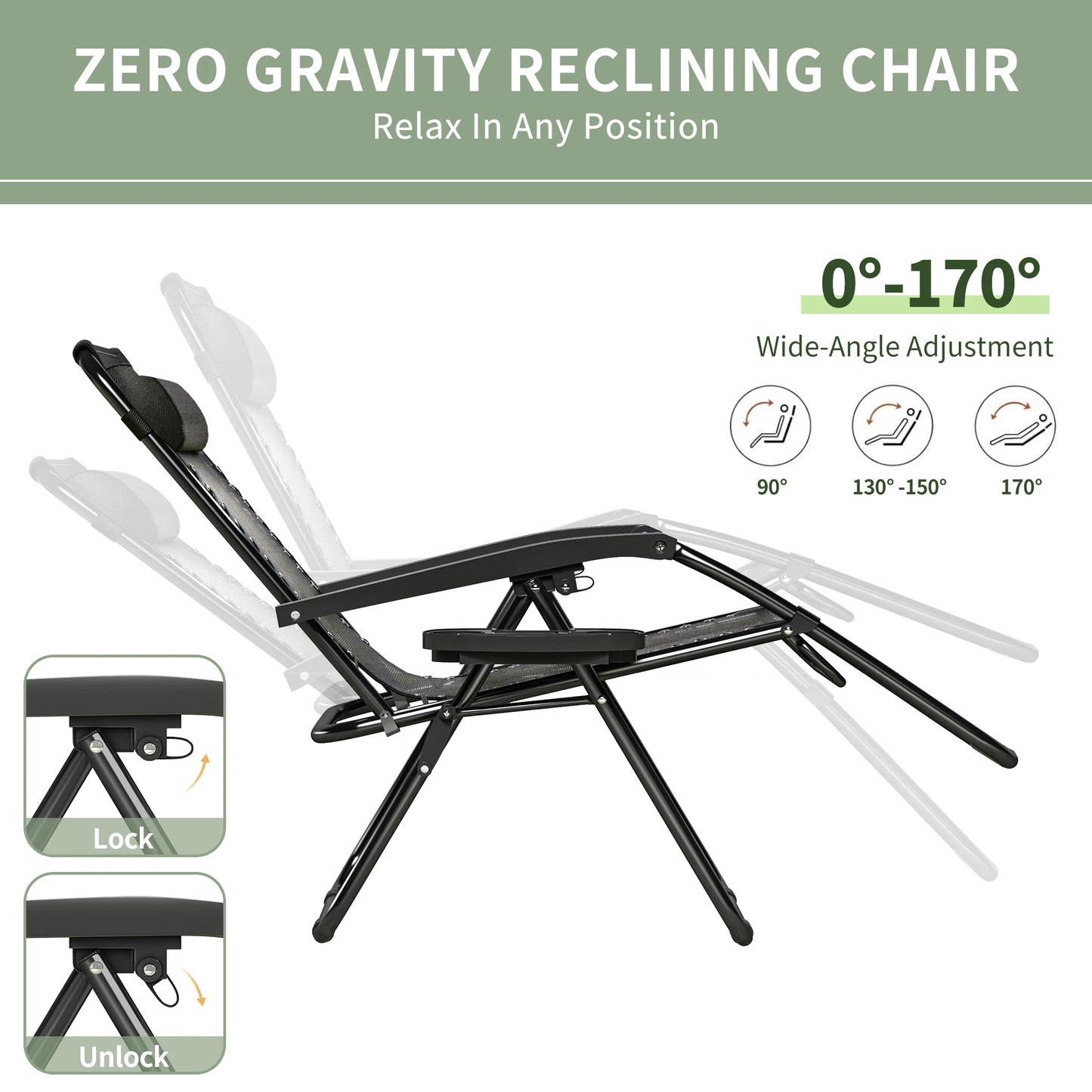 Zero Gravity Reclining Chair Set of 2 – Folding Outdoor & Garden Chairs with Textilene Fabric, Cup Holder and Headrest Pillow