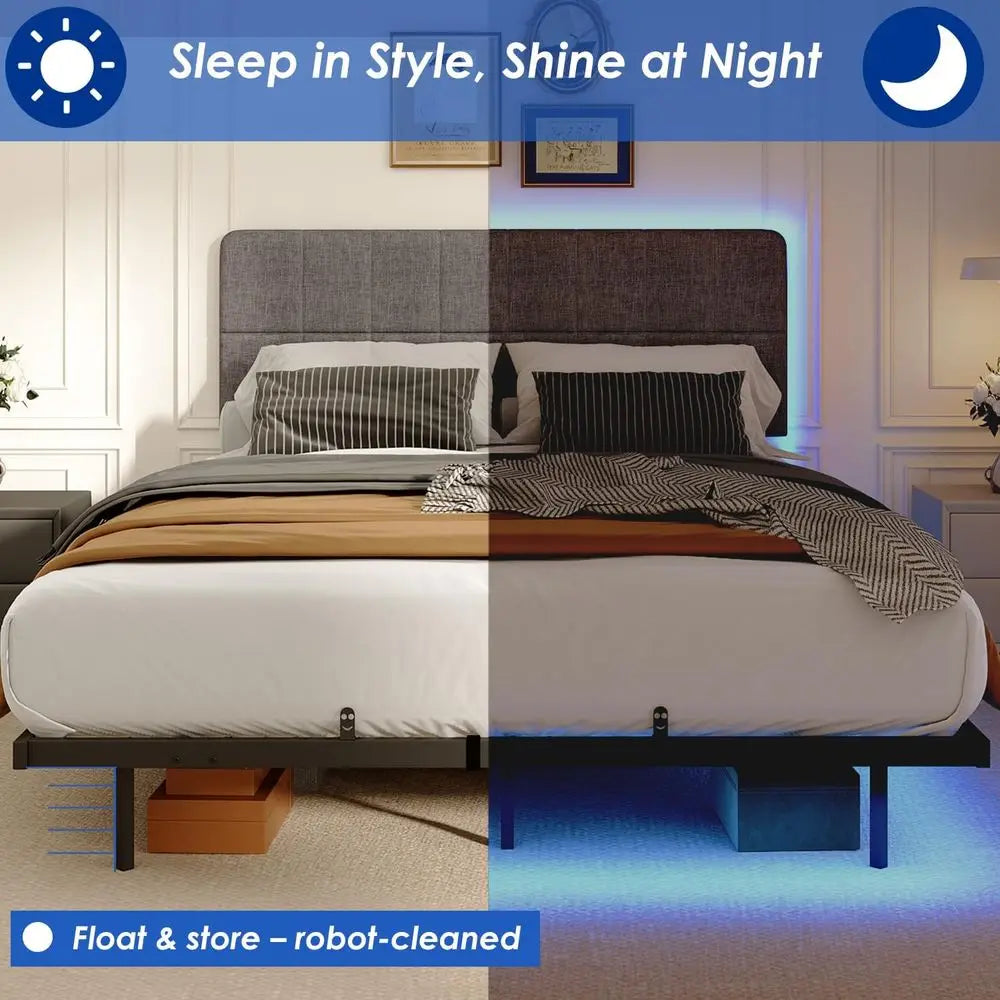 Double Size Metal Platform Bed with Adjustable Upholstered Headboard, 140x200cm, No Box Spring Needed, Slatted Base