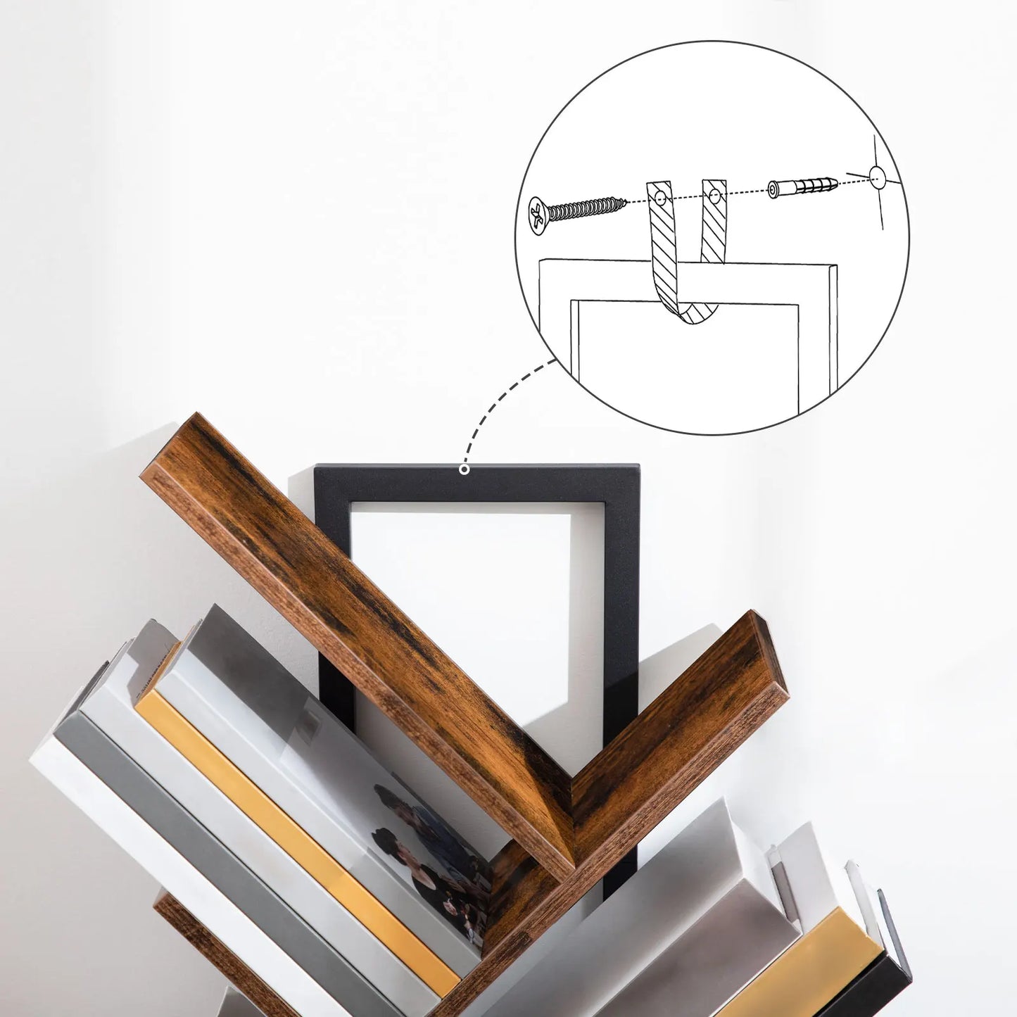 Tree Bookshelf Tall, 9-Tier Floor Standing Book Shelf, Tall Bookcase for CDs Albums, for Living Room, Rustic Brown and Black