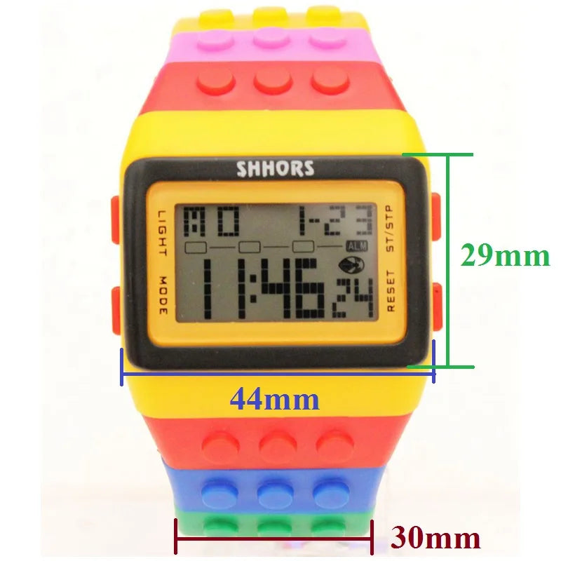 Fashion Students Mens Women Colourful SHHORS Building Blocks Plastic Waterproof Sport Digital Electronic Multifunctional Watches