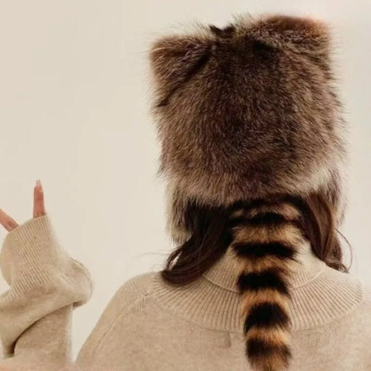 trend Raccoon imitateFur Cap Tail Women imitateNatural Raccoon Fur Caps Ushanka Hats for Winter Thick Warm Ears Fashion
