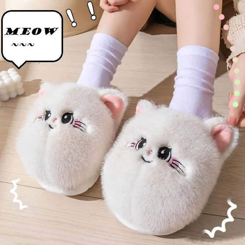 Kawaii Kitty Designer Slippers Women's Bottom Cat Paw Shoes Winter Warm Waterproof Mules Clogs Woman Kitten Home Slipper Adult