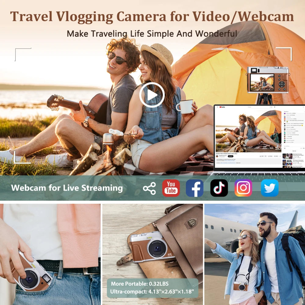 4K Digital Camera Auto Focus 48MP Vlogging Camera for YouTube and Anti-Shake Video Camera with Viewfinder Flash & Dial (Brown)