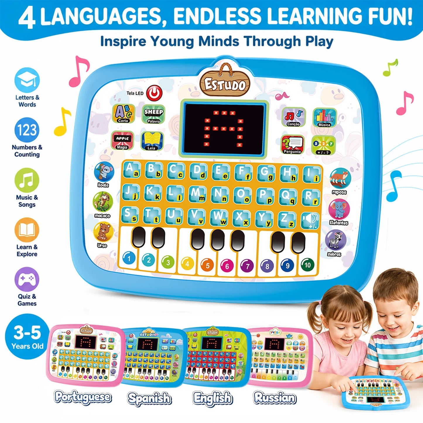 English/Spanish/Russian/Portuguese Interactive Learning Tablet for Kids 3-5, Educational Toys Learn Alphabet, Number, Music & Wo