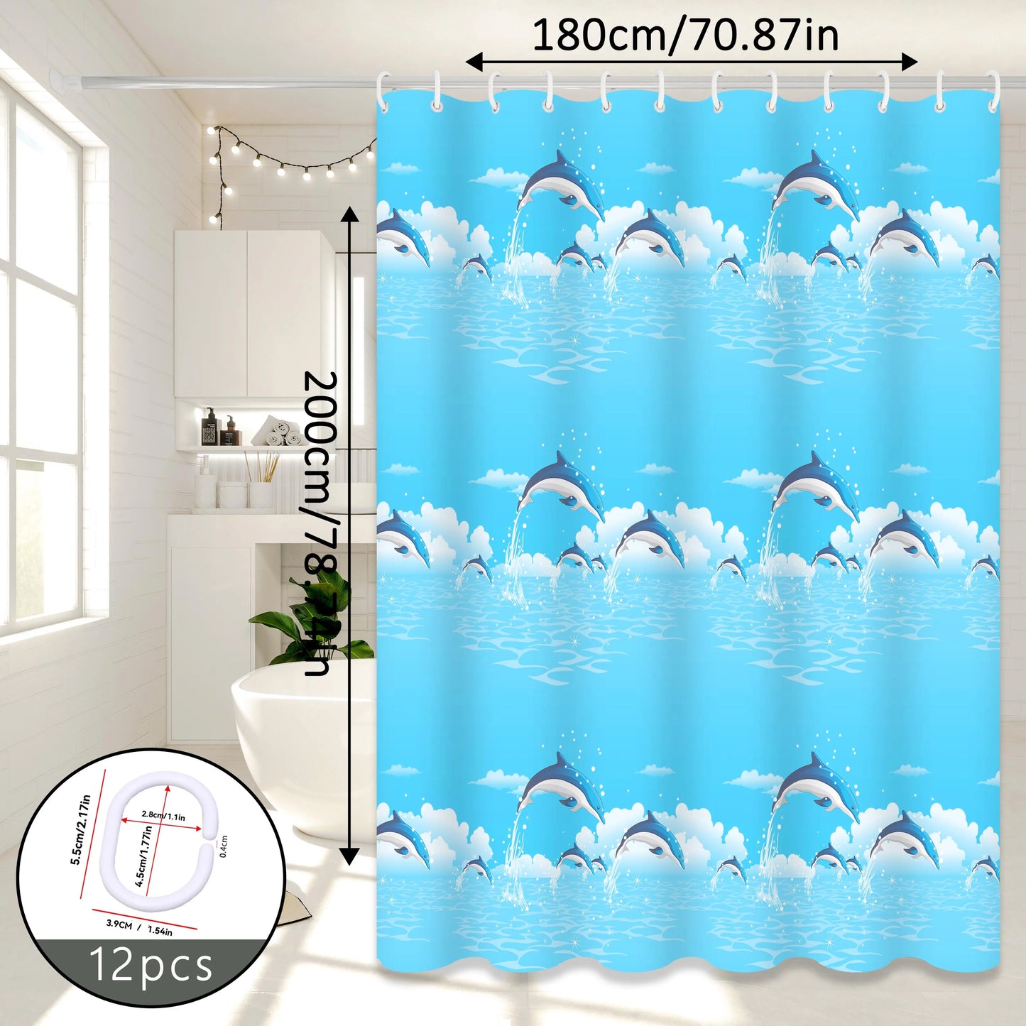 Dolphin Print Cartoon Shower Curtain, Ocean-Themed Bathroom Curtain, Cute Bathroom Curtain for Parent-Child Room