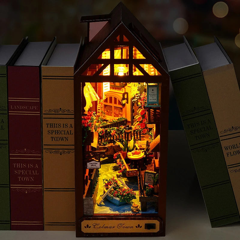 DIY Book Nook Kit Shelf Inser Dollhouse Model Building Kit Wooden Bookshelf Room Dollhouse Bookend Toy For Adults Birthday Gifts