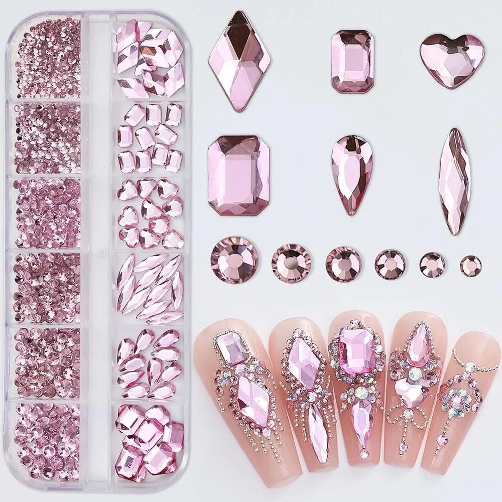 2400pcs+ Shiny Clear Crystal Gems Nail Rhinestones 1.5-4mm Mixed Round Glass Stone Flatback Nail Charms 12grids Nail Diamond DIY