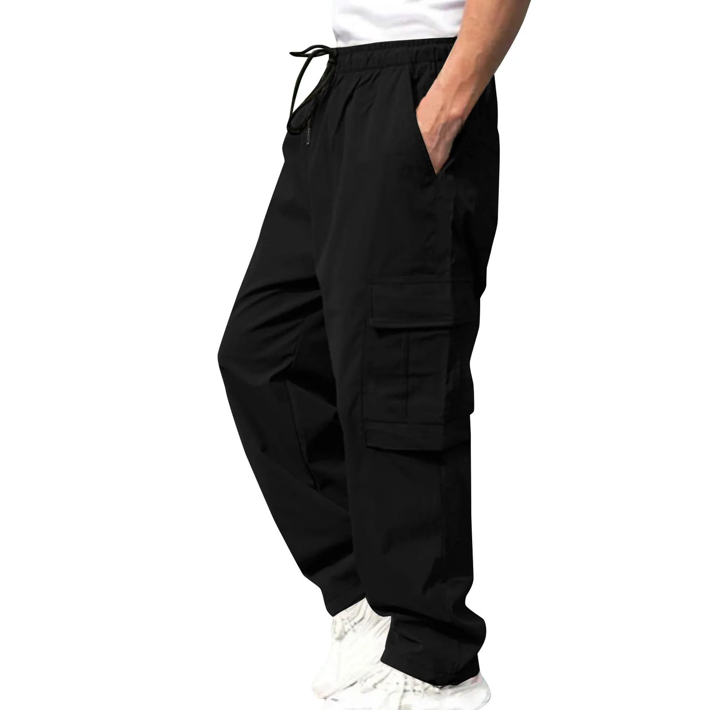 Men Loose Cargo Pants Summer Male High Elastic Waist Zip Pocket Straight Full Trousers BFDZ-A717