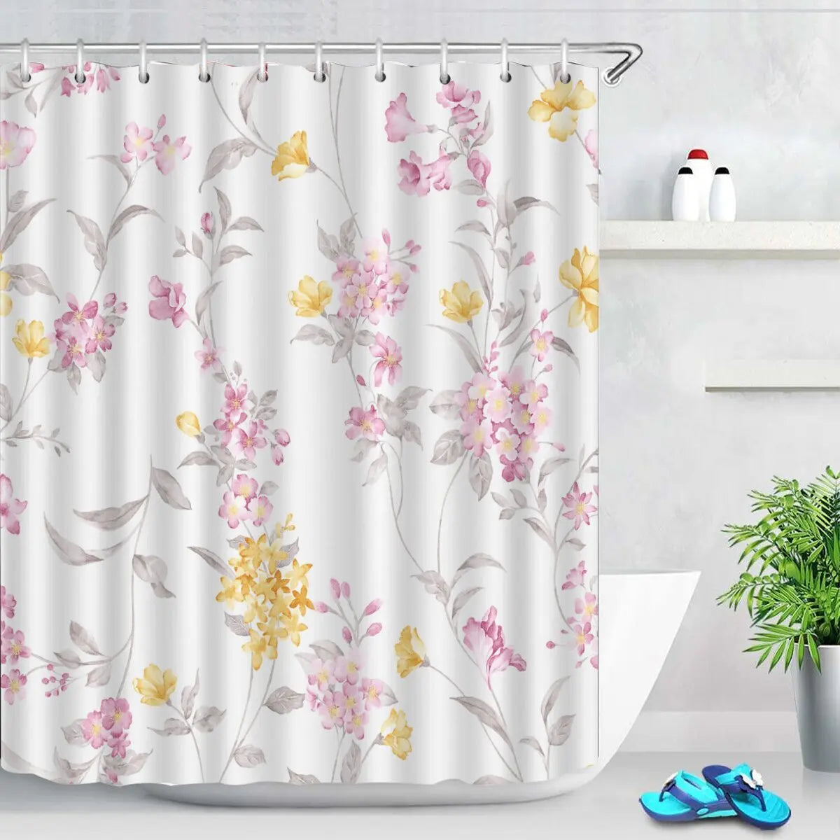 Pink Tulip Bathroom Curtain Flower Plant Shower Curtain Bathroom Polyester Waterproof Decorative Curtain with Hooks