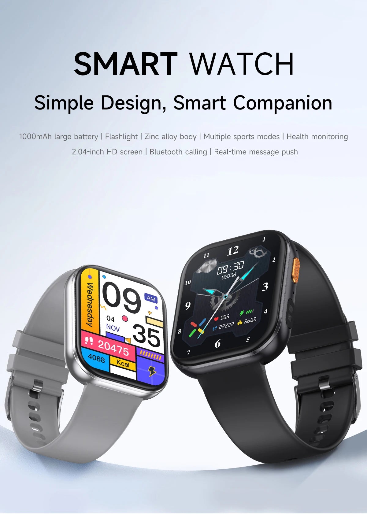 Outdoor New 1000mAh SmartWatch 2.04"HD Screen Smartwatch LED Flashlight 100+sports mode BT Call Waterproof SmartWatches Men Wome