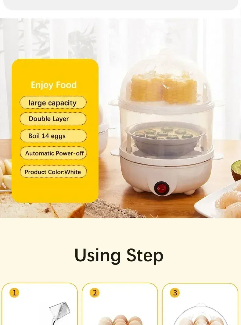 Multifunctional Electric Egg Cooker Steamer - Double Layer for Boil, Poach, Steam Eggs & Veggies, Compact Breakfast Appliance