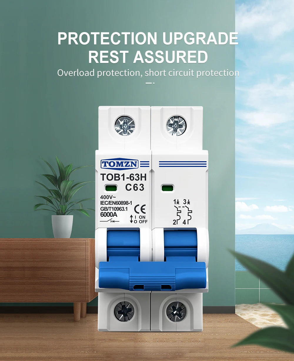 TOMZN 2P AC MCB TOB1-63 C Type 230/400V~ 50Hz/60Hz Mini Circuit Breaker 6A 10A 16A 20A 25A 32A 40A 50A 63A