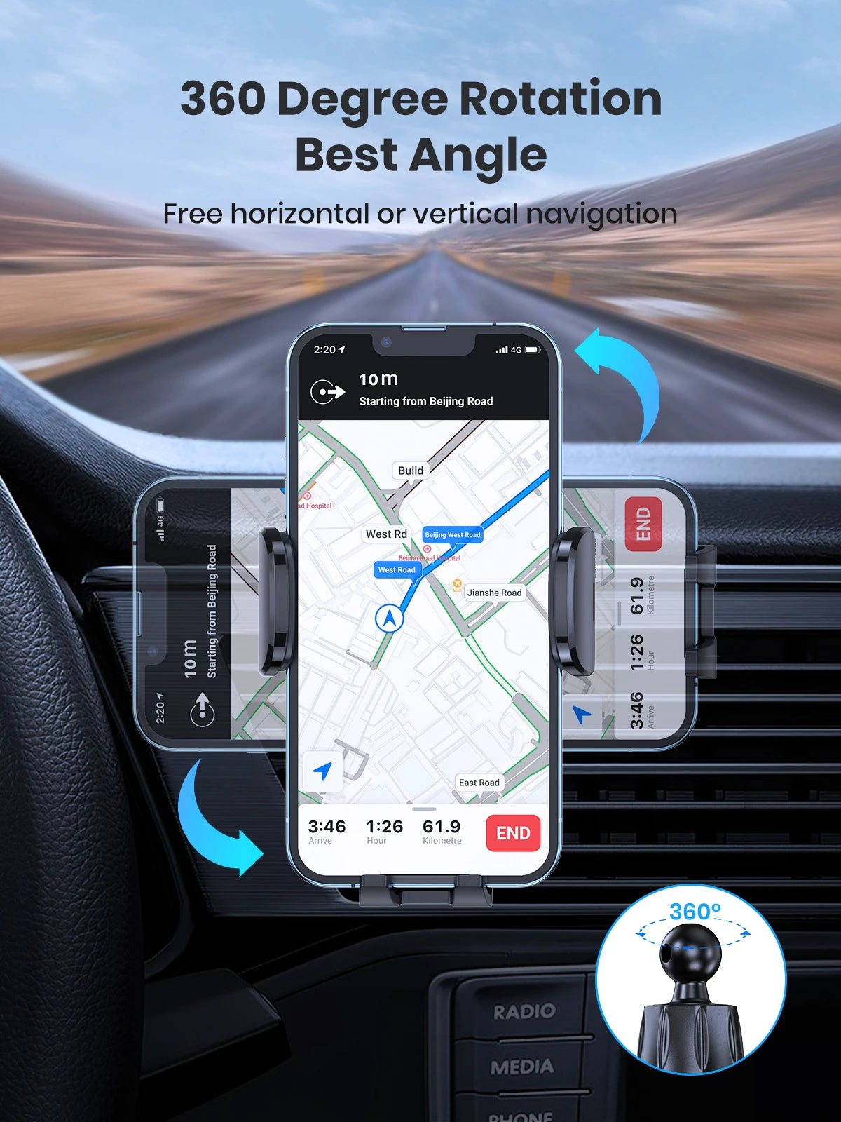 TOPK D35-S Car Phone Holder, Universal Phone Mount for Car with Hook Clip Air Vent Car Mount 360° Rotation for Mobile Phones