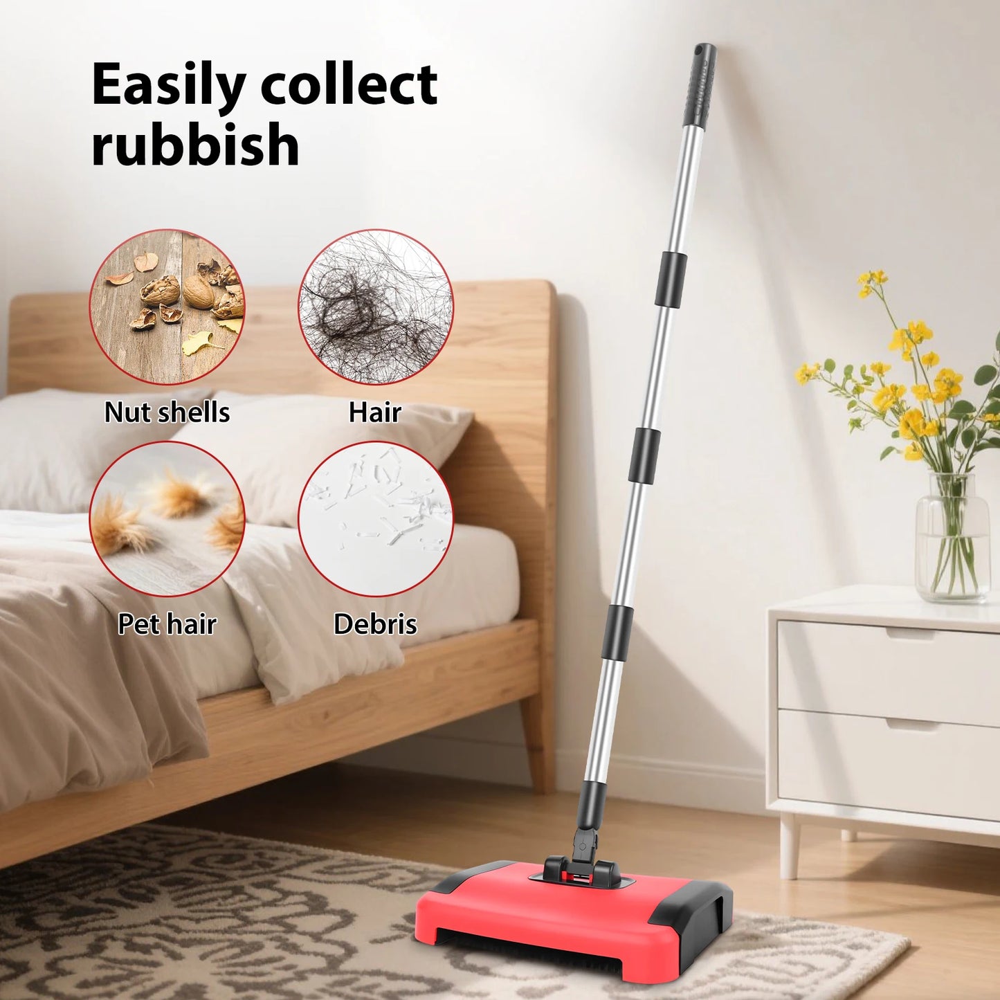 Carpet Floor Sweeper, Manual 3 Rolling Brushes Floor Carpet Brush, Non Electric Quite Rug Roller Brush Push for Cleaning Pet Hai