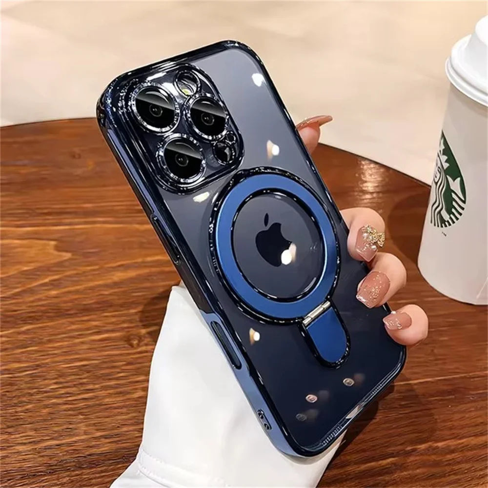 Luxury For Magsafe Bracket Case For iPhone 17 Air 16 Pro 15 14 13 12 11 Pro Max Magnetic Ring Stand Holder Clear Soft Cover