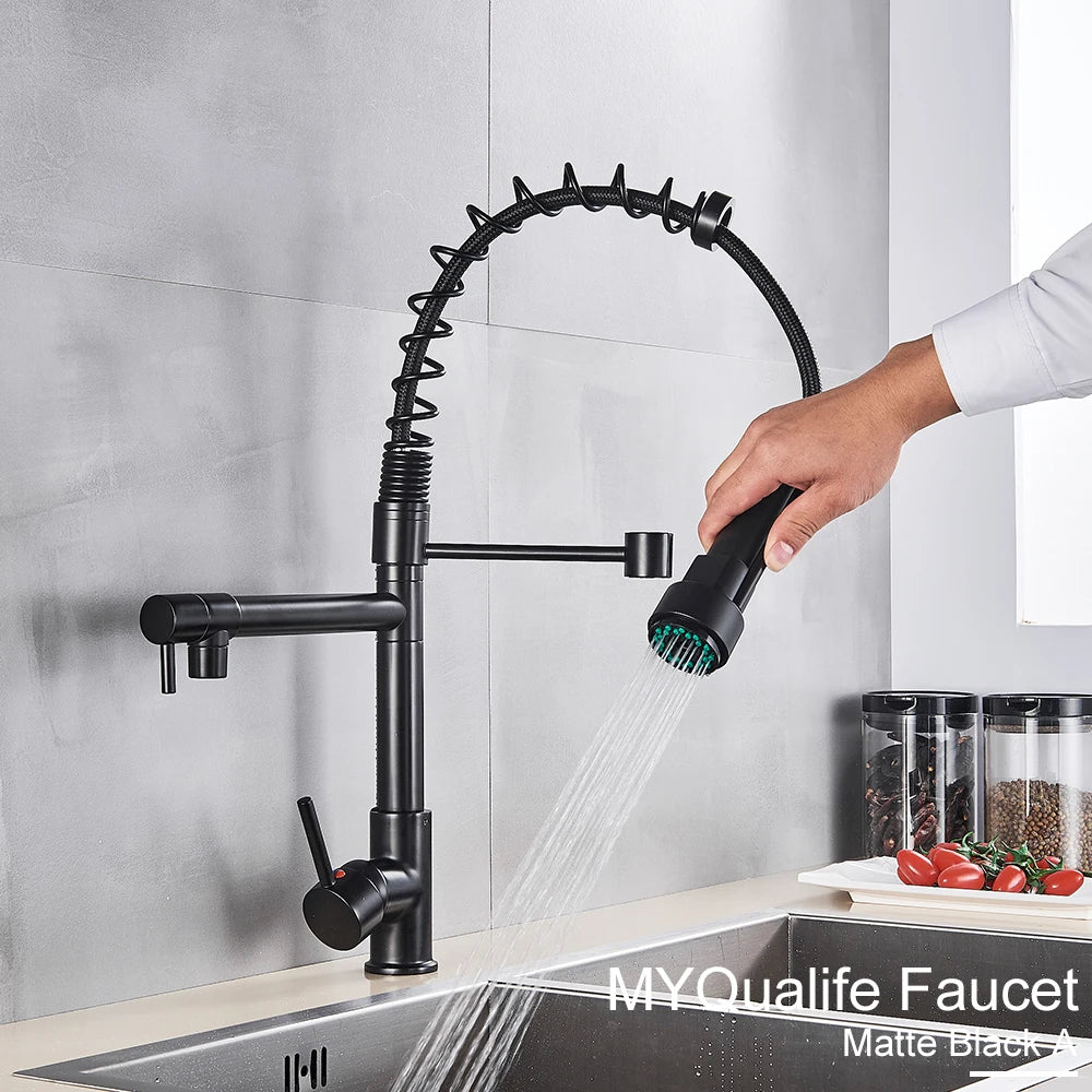 Black Pull Down Brass Kitchen Sink Faucet Hot Cold Water Mixer Crane Tap with Dual Spout 360 Rotation High Faucet Deck Mounted