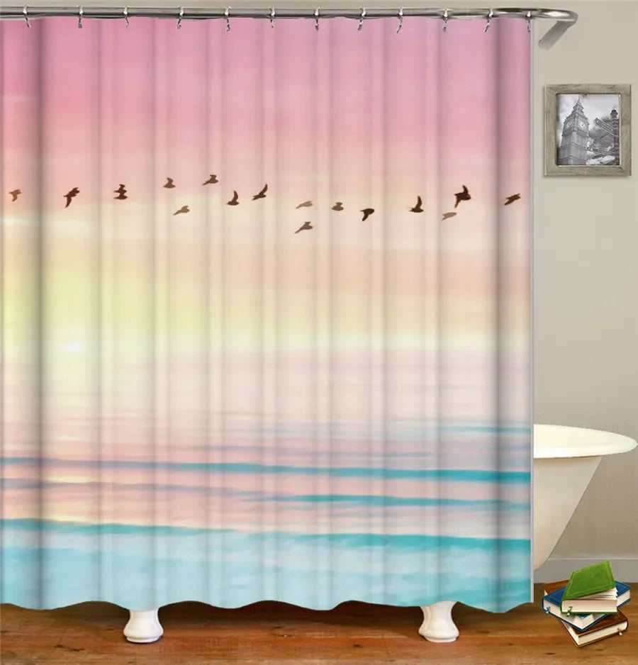 Bath Curtain Sea Beach Shell Starfish Shower Curtains 180*180cm Waterproof Bathroom Home Washable Fabric Bath Screen 12 Hooks