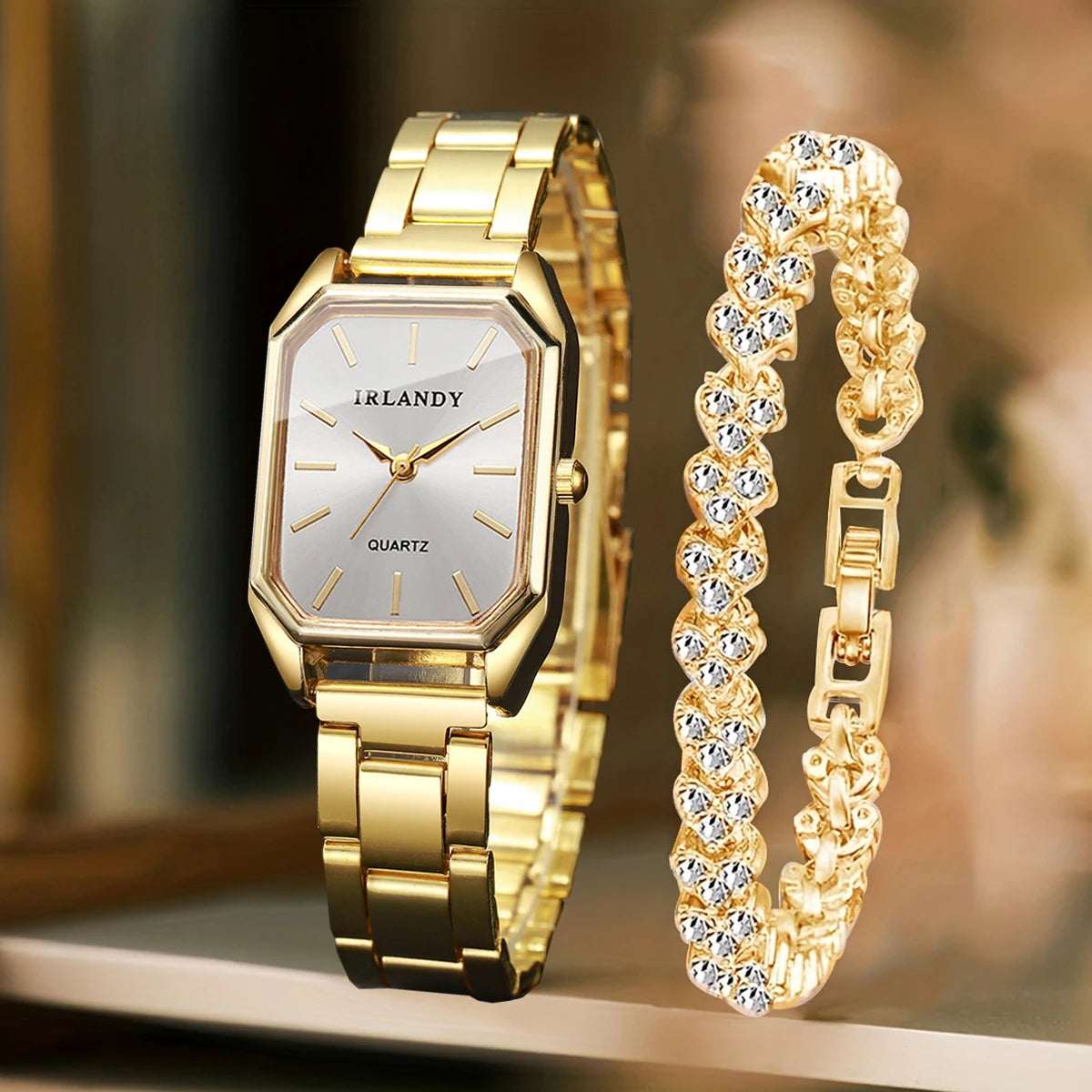 2PCS Fashion Rectangle Women Quartz Watch Rhinestone Bracelet Set Elegant Ladies Wristwatches Reloj Mujer Clock（Without Box）