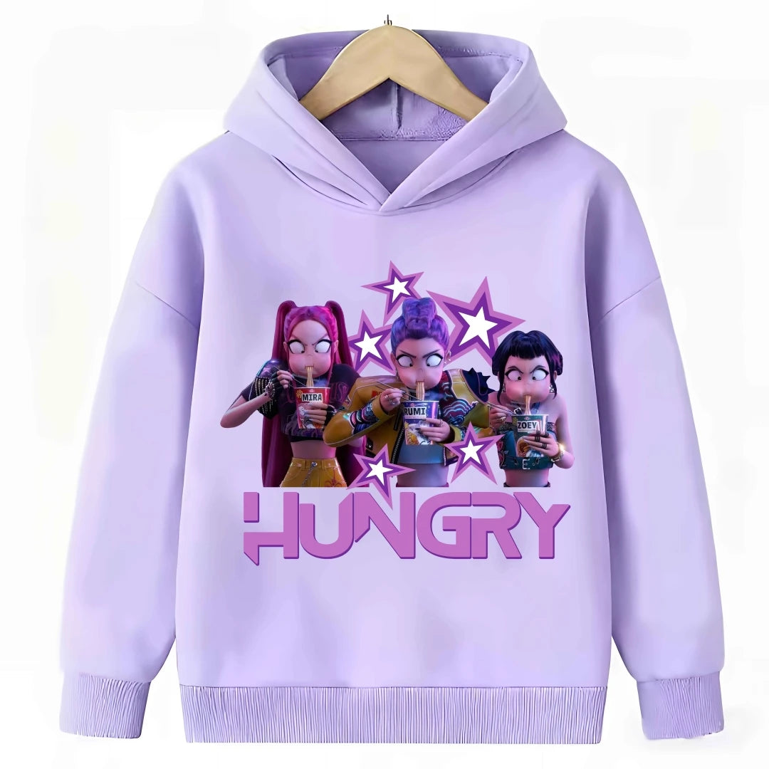 2026 New Kpop Demon Hunter Cartoon Hoodie Kids Boys Girls Purple Warm Casual Loose Sweatshirt Children Fashion Streetwear Tops