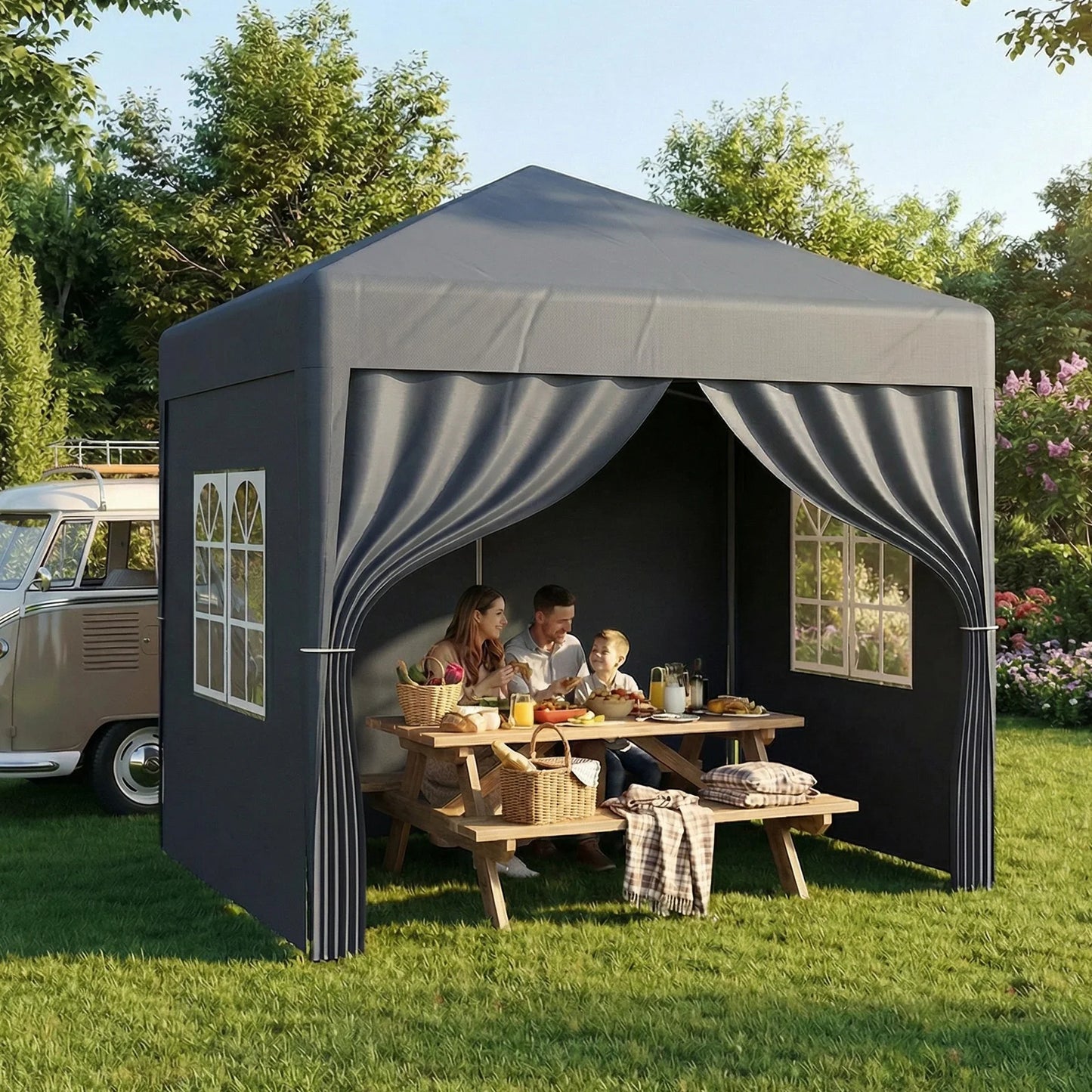 LOEFME 2x2M Pop Up Gazebo Waterproof Windproof Portable Outdoor Canopy Sun Shelter Removable 4 Sides Cloths Garden Camping Tent