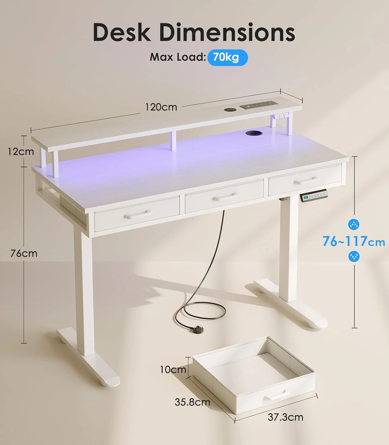 OffiGo Electric Standing Desk, 120 x 54cm Height Adjustable Desk with 3 Drawers, RGB LED Strip , White