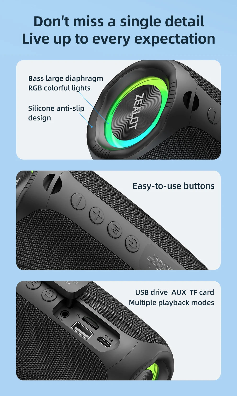 zealot-m2 Portable Bluetooth Speaker,IPX5 Waterproof 360° Wireless Speaker TWS Stereo Pairing 10hrs Playtime For Camping Hiking